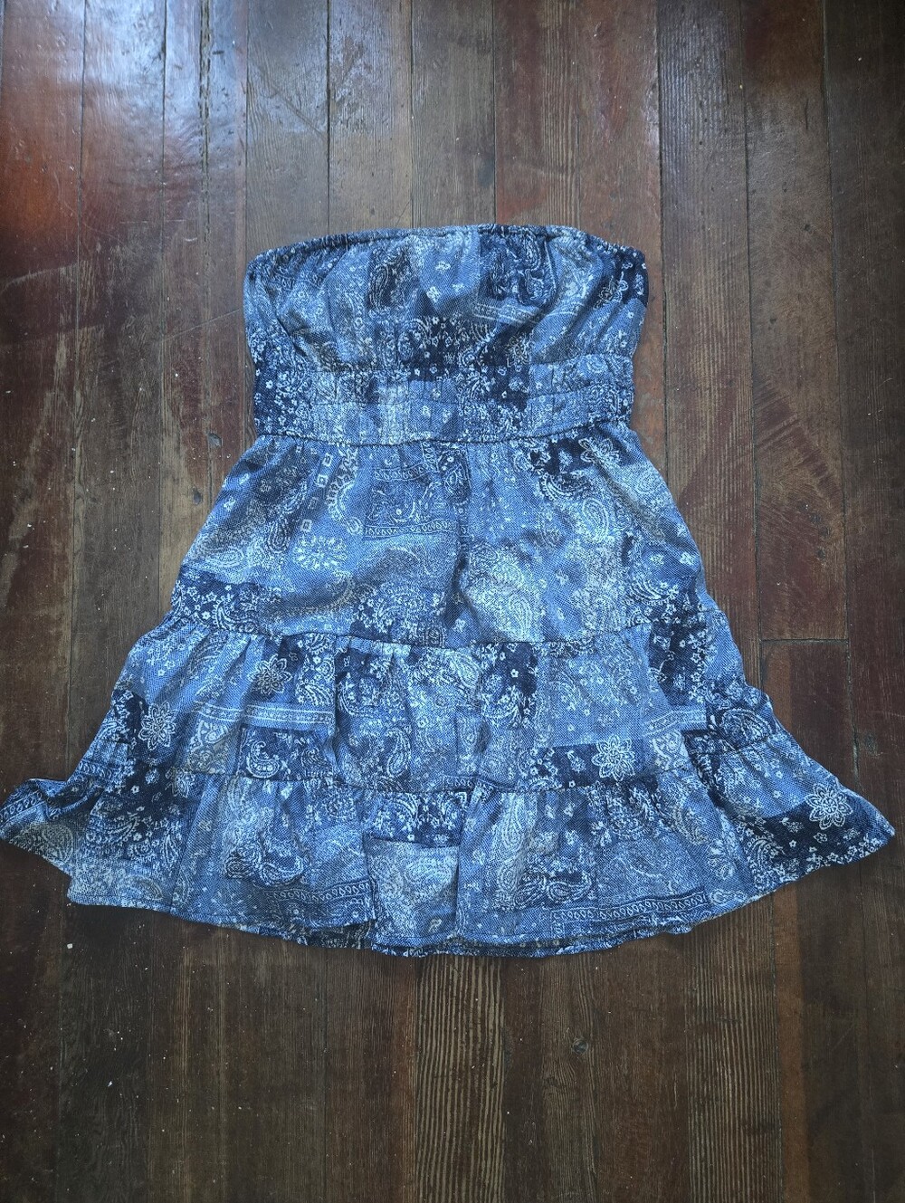 Strapless Blue Paisley Tiered Mini Dress
